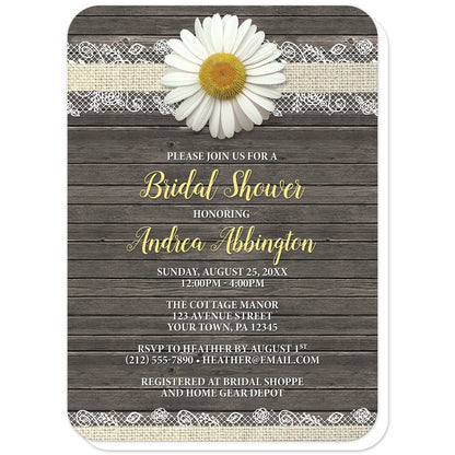 Daisy Burlap and Lace Wood Bridal Shower Invitations (with rounded corners) at Artistically Invited. Southern rustic daisy burlap and lace wood bridal shower invitations with a white daisy flower centered at the top on a burlap and lace ribbon strip illustration, over a country brown wood background. Your personalized bridal shower celebration details are custom printed in yellow and white over the wood design.