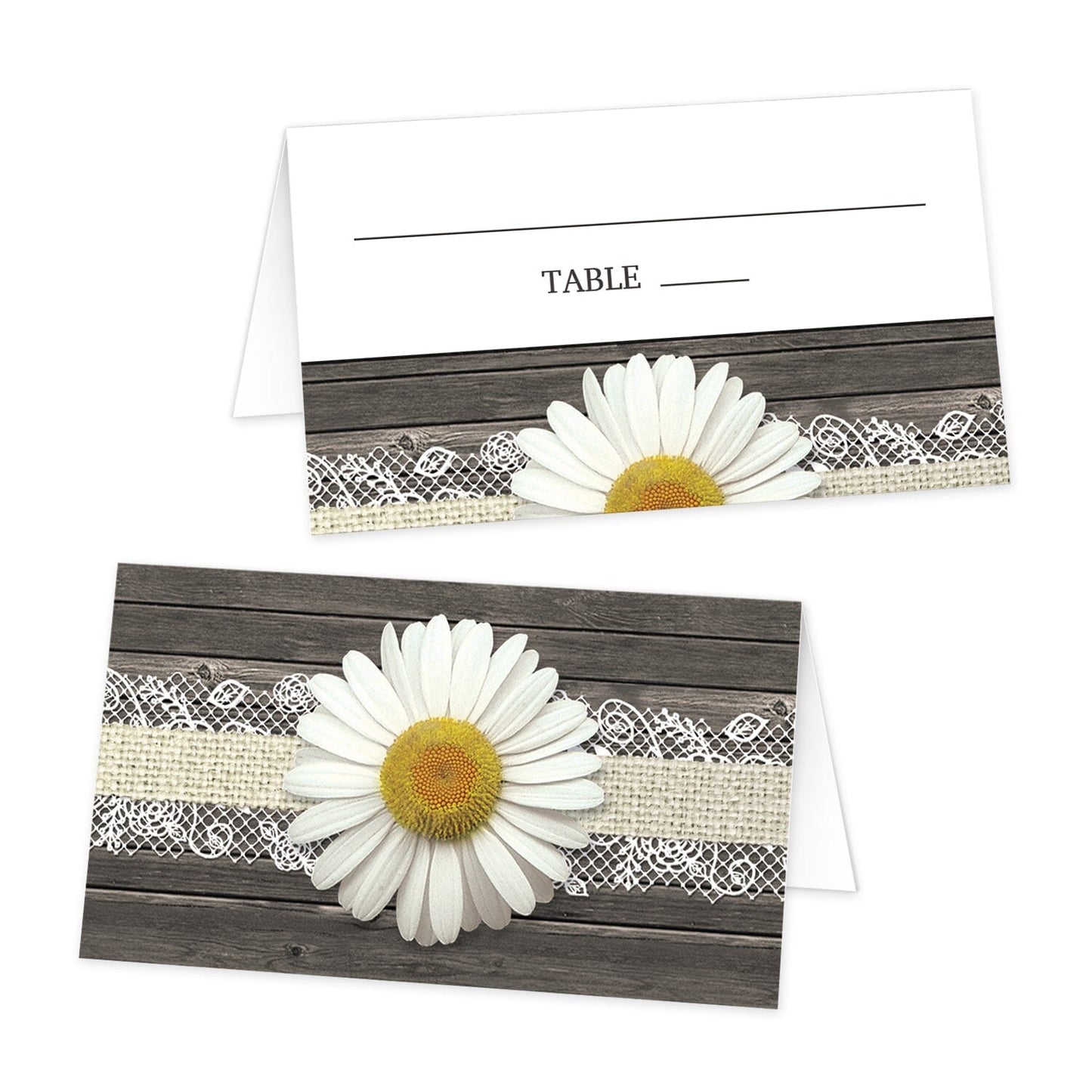 Daisy Burlap and Lace Wood Folded Place Cards at Artistically Invited. Southern rustic daisy burlap and lace wood folded place cards with a white daisy flower centered on one side on a burlap and lace ribbon strip illustration over a brown country wood background. Your lines for writing the guest's name and table number are on the other side of the folded cards in a white space above the same daisy illustration that runs along the bottom.