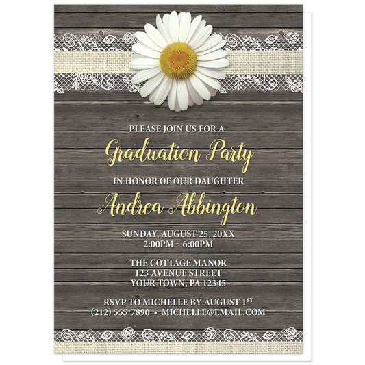 Daisy Burlap and Lace Wood Graduation Invitations at Artistically Invited. Southern rustic daisy burlap and lace wood graduation invitations with a white daisy flower image centered at the top on a burlap and lace ribbon strip illustration. Your personalized graduation party details are custom printed in yellow and white over a country brown wood background. 