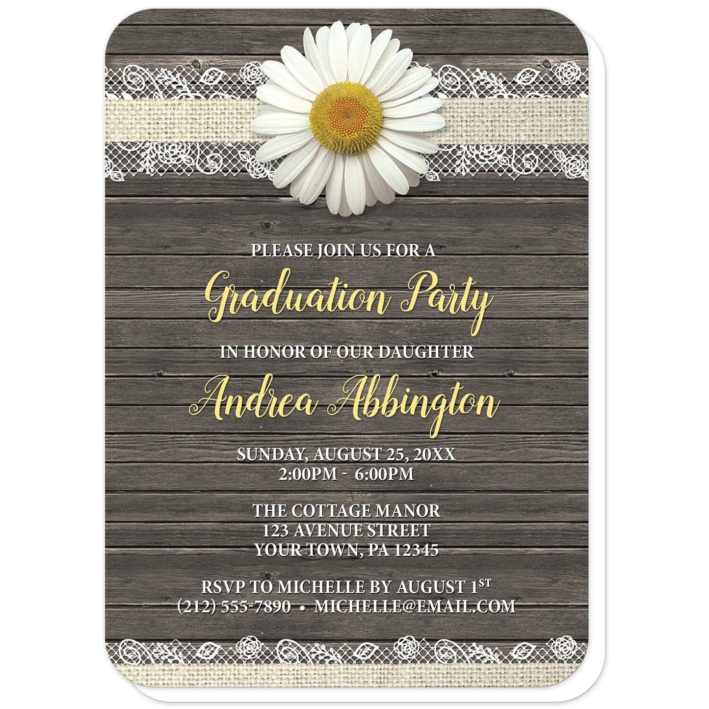 Daisy Burlap and Lace Wood Graduation Invitations (with rounded corners) at Artistically Invited. Southern rustic daisy burlap and lace wood graduation invitations with a white daisy flower image centered at the top on a burlap and lace ribbon strip illustration. Your personalized graduation party details are custom printed in yellow and white over a country brown wood background. 