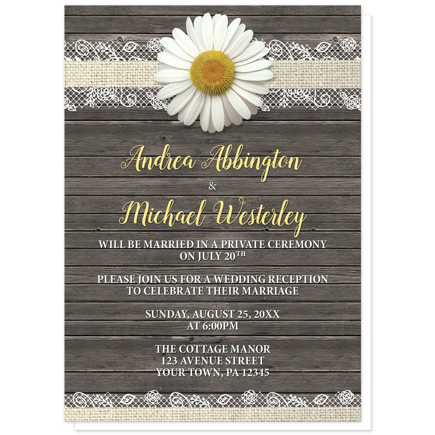 Daisy Burlap and Lace Wood Reception Only Invitations at Artistically Invited. Southern rustic daisy burlap and lace wood reception only invitations with a white daisy flower centered at the top on a burlap and lace ribbon strip illustration, over a brown country wood background. Your personalized post-wedding reception celebration details are custom printed in yellow and white over the wood design.
