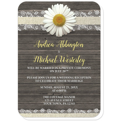 Daisy Burlap and Lace Wood Reception Only Invitations (with rounded corners) at Artistically Invited. Southern rustic daisy burlap and lace wood reception only invitations with a white daisy flower centered at the top on a burlap and lace ribbon strip illustration, over a brown country wood background. Your personalized post-wedding reception celebration details are custom printed in yellow and white over the wood design.