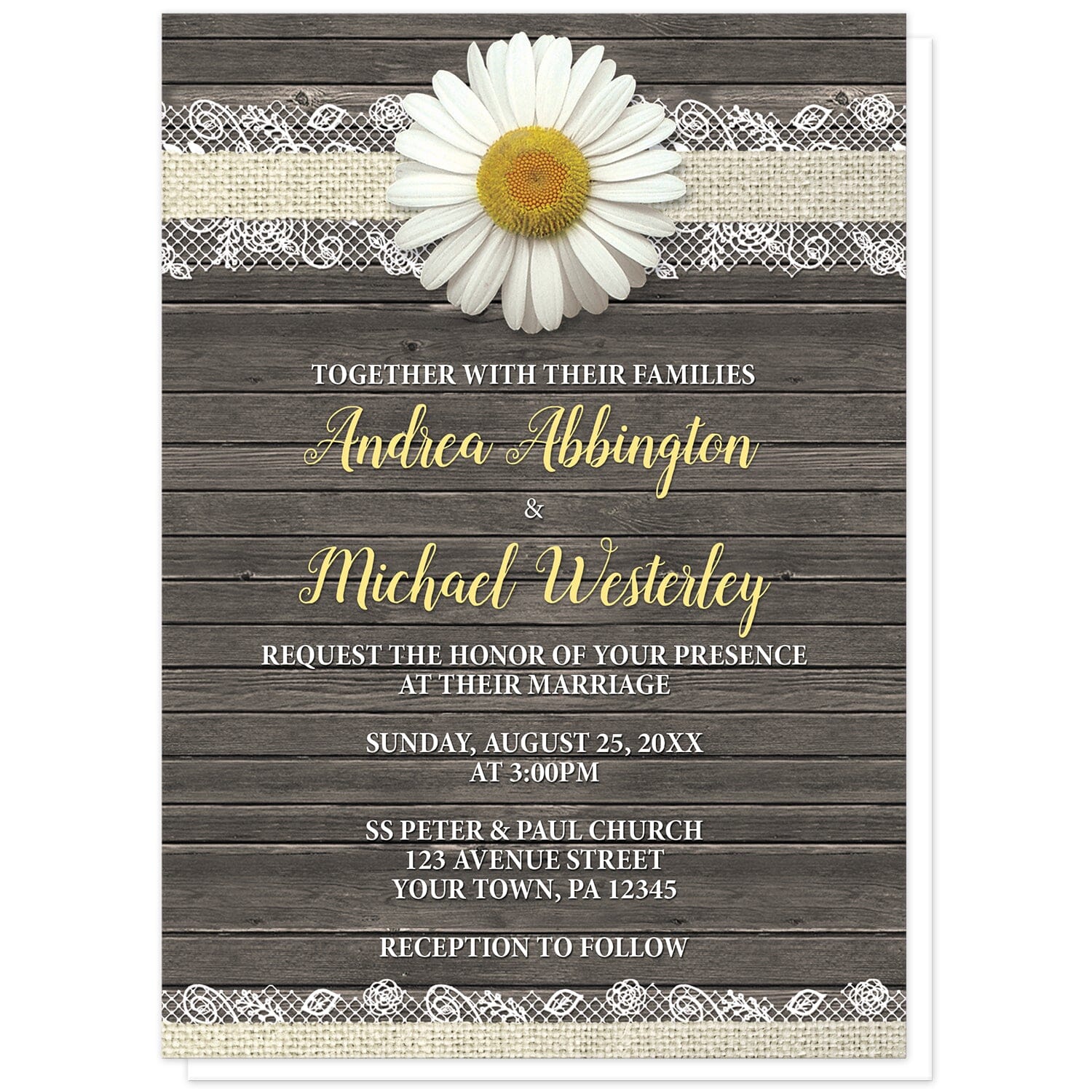 Daisy Burlap and Lace Wood Wedding Invitations at Artistically Invited. Southern rustic daisy burlap and lace wood wedding invitations with a white daisy flower centered at the top on a burlap and lace ribbon strip illustration, over a brown country wood background. Your personalized marriage celebration details are custom printed in yellow and white over the wood design.