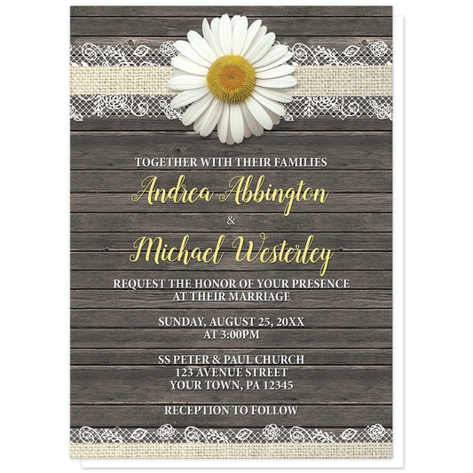 Daisy Burlap and Lace Wood Wedding Invitations at Artistically Invited. Southern rustic daisy burlap and lace wood wedding invitations with a white daisy flower centered at the top on a burlap and lace ribbon strip illustration, over a brown country wood background. Your personalized marriage celebration details are custom printed in yellow and white over the wood design.