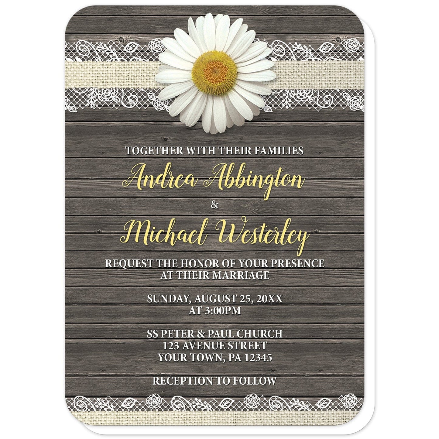 Daisy Burlap and Lace Wood Wedding Invitations (with rounded corners) at Artistically Invited. Southern rustic daisy burlap and lace wood wedding invitations with a white daisy flower centered at the top on a burlap and lace ribbon strip illustration, over a brown country wood background. Your personalized marriage celebration details are custom printed in yellow and white over the wood design.