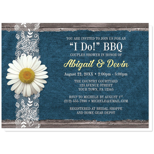 Daisy Denim and Lace I Do BBQ Couples Shower Invitations at Artistically Invited. Daisy denim and lace I Do BBQ couples shower invitations with a white daisy flower on a white lace ribbon along the left side. Your personalized couple shower celebration details are custom printed in white, light gray, and yellow over a fraying blue denim fabric background illustration over rustic wood.