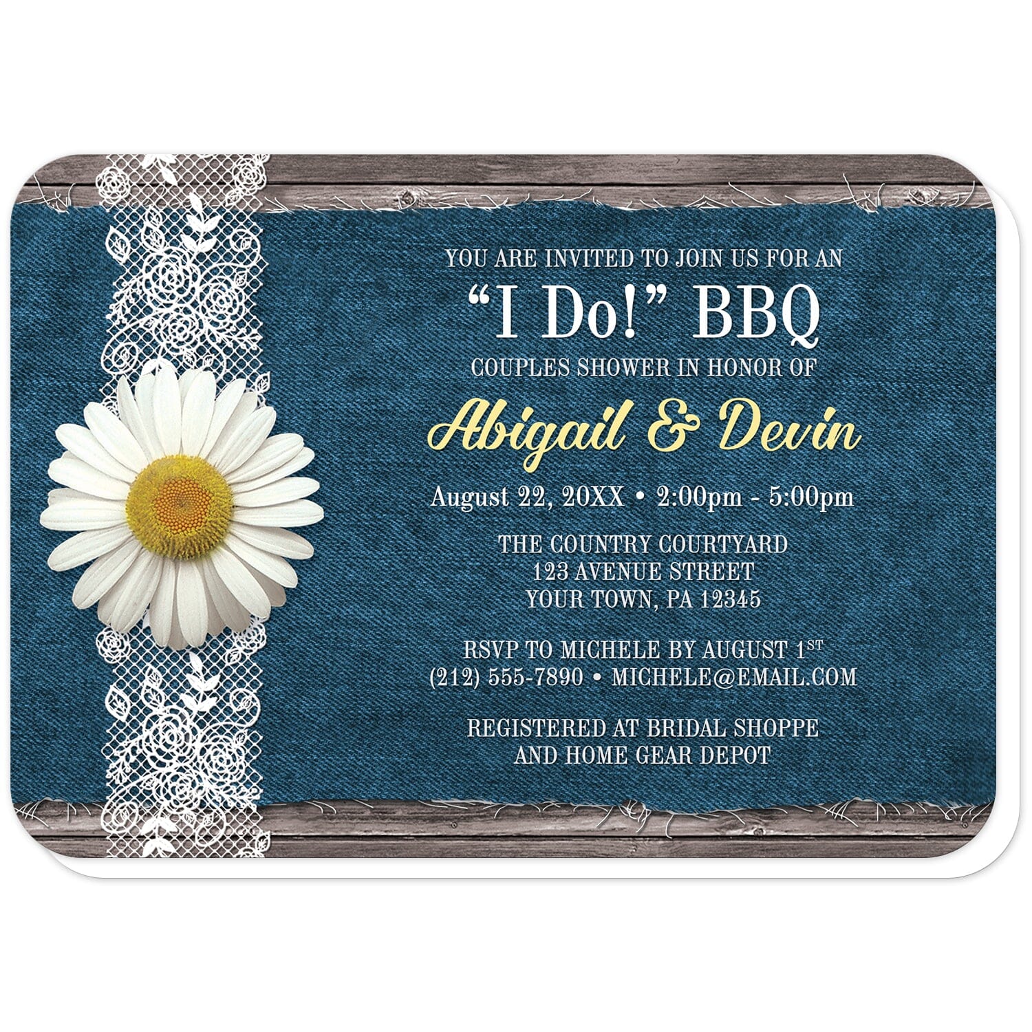 Daisy Denim and Lace I Do BBQ Couples Shower Invitations (with rounded corners) at Artistically Invited. Daisy denim and lace I Do BBQ couples shower invitations with a white daisy flower on a white lace ribbon along the left side. Your personalized couple shower celebration details are custom printed in white, light gray, and yellow over a fraying blue denim fabric background illustration over rustic wood.