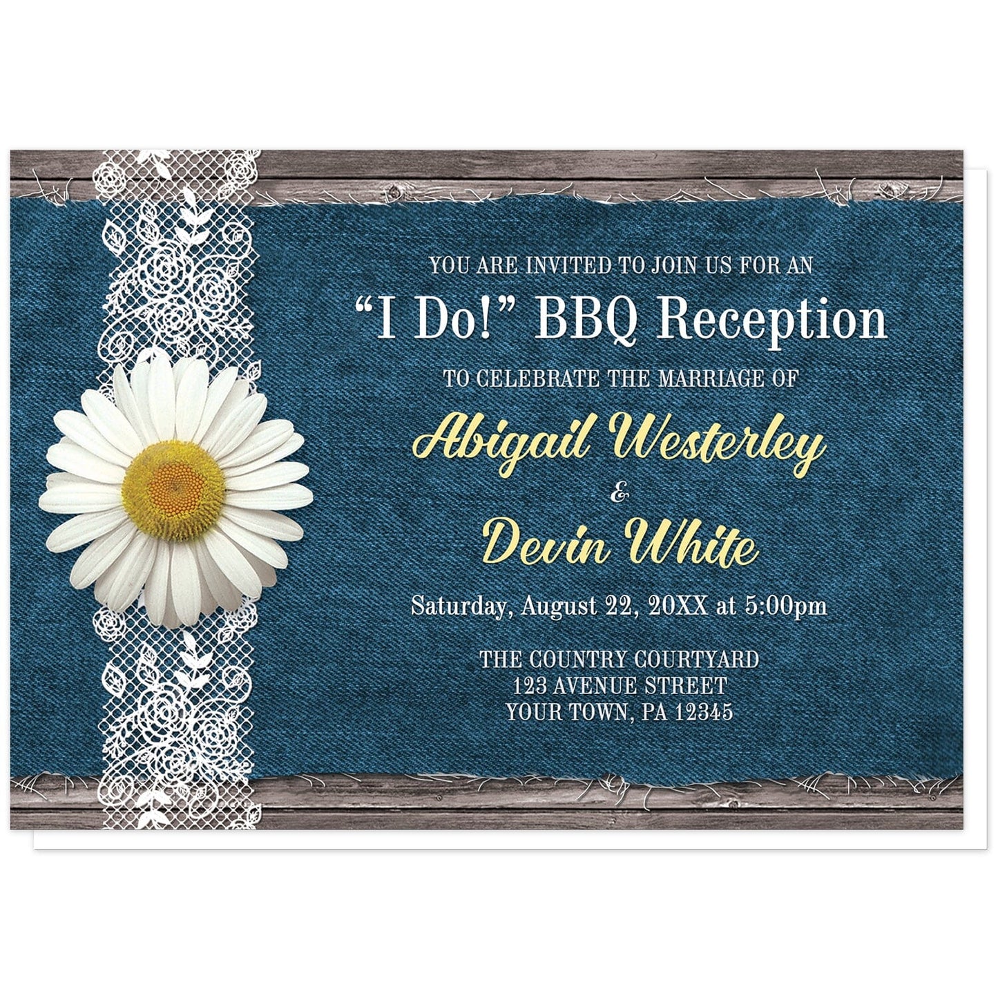 Daisy Denim and Lace I Do BBQ Reception Only Invitations at Artistically Invited. Invites with a white daisy flower on a white lace ribbon along the left side. Your personalized post-wedding reception celebration details are custom printed in white, light gray, and yellow over a fraying blue denim fabric background illustration over rustic wood. This design is great for couples combining different popular themed elements including a daisy, rustic wood, and denim and lace.