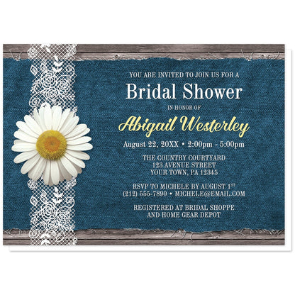Daisy Denim and Lace Rustic Bridal Shower Invitations at Artistically Invited. Daisy denim and lace rustic bridal shower invitations with a white daisy flower on a white lace ribbon along the left side. Your personalized bridal shower celebration details are custom printed in white, light gray, and yellow over a fraying blue denim fabric background illustration over rustic wood.