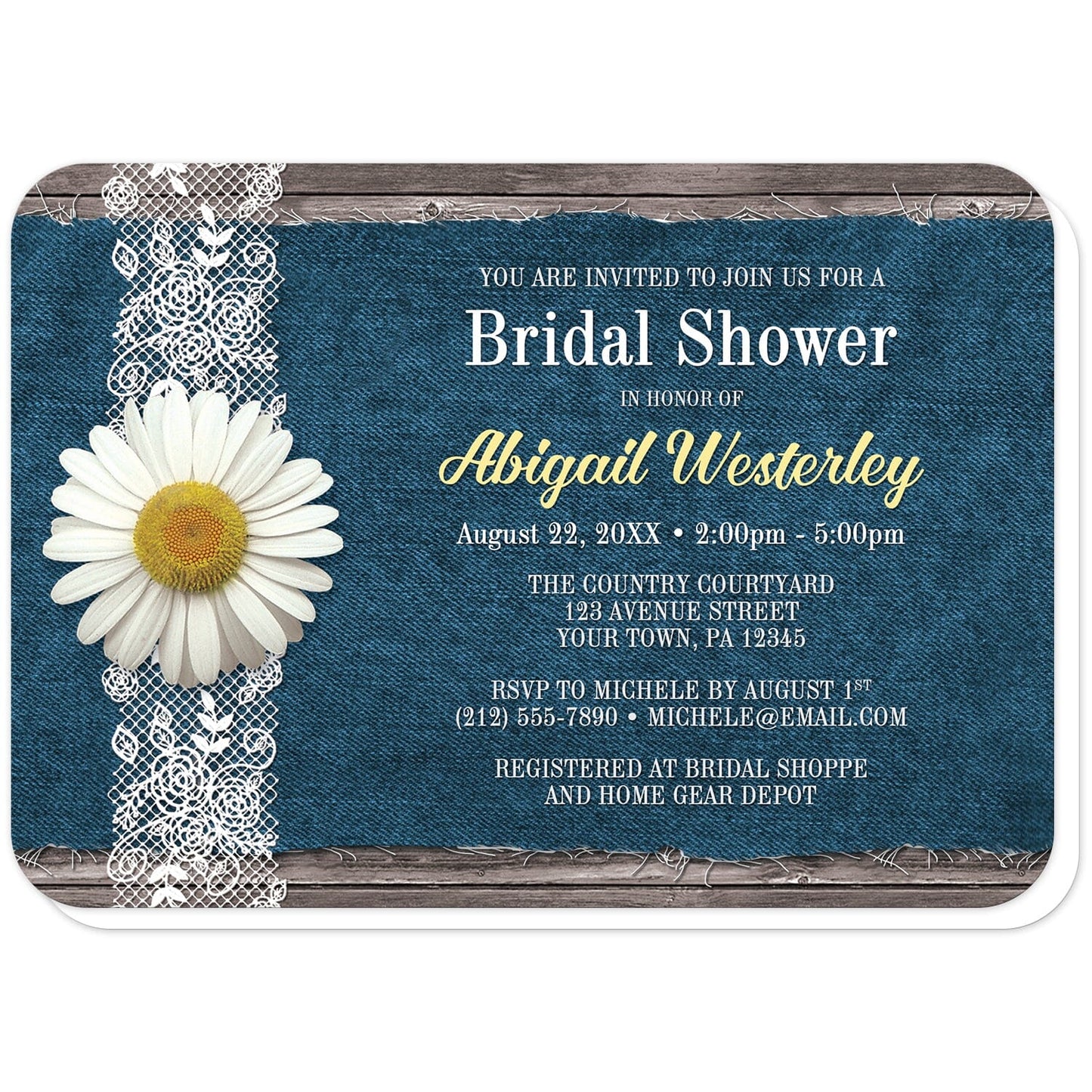 Daisy Denim and Lace Rustic Bridal Shower Invitations (with rounded corners) at Artistically Invited. Daisy denim and lace rustic bridal shower invitations with a white daisy flower on a white lace ribbon along the left side. Your personalized bridal shower celebration details are custom printed in white, light gray, and yellow over a fraying blue denim fabric background illustration over rustic wood.