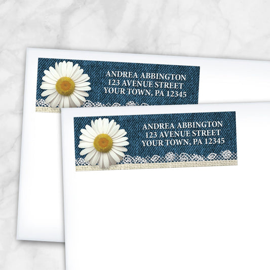 2 Daisy Burlap and Lace Denim Address Labels shown on white envelopes on a marble surface