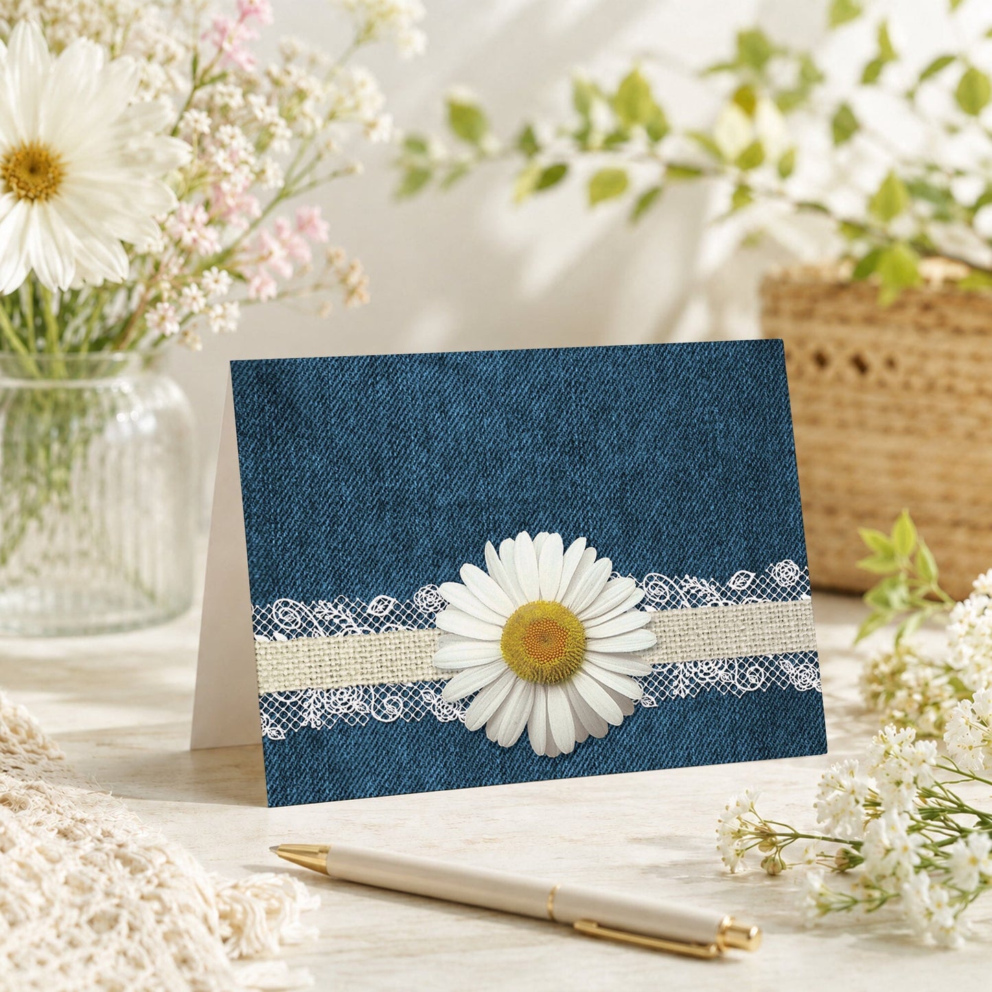 Daisy Burlap and Lace Denim Note Card shown on a tabletop with a vase, spring and summer flowers, and a pen.