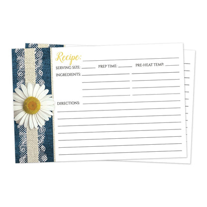 Front side of the Daisy Burlap and Lace Denim Recipe Cards