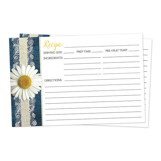 Front side of the Daisy Burlap and Lace Denim Recipe Cards