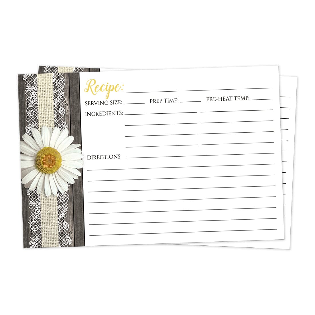 Front side of the Daisy Burlap and Lace Wood Recipe Cards