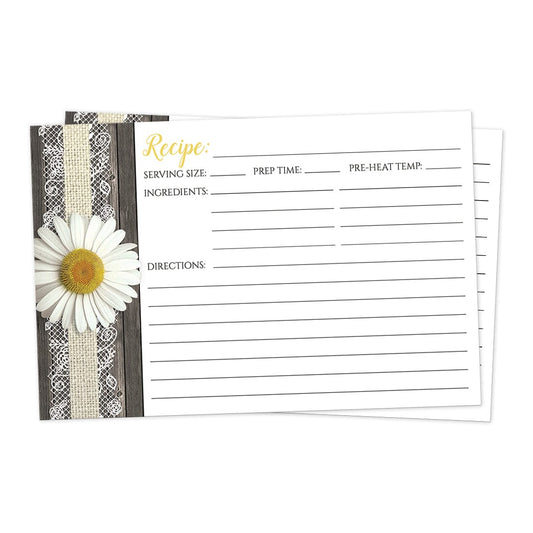 Front side of the Daisy Burlap and Lace Wood Recipe Cards
