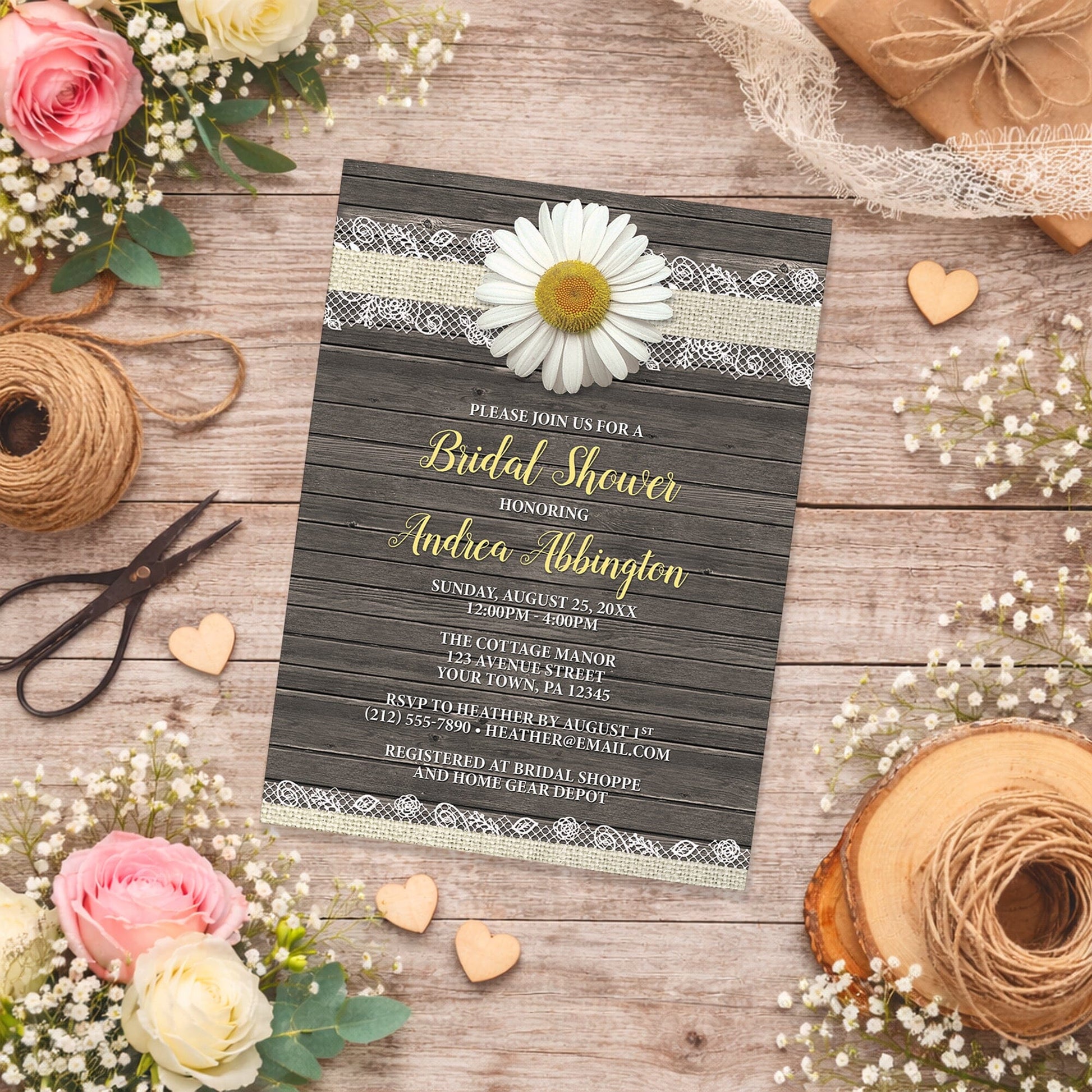 Daisy Burlap and Lace Wood Bridal Shower Invitation on a rustic wooden surface with flowers and decorations.
