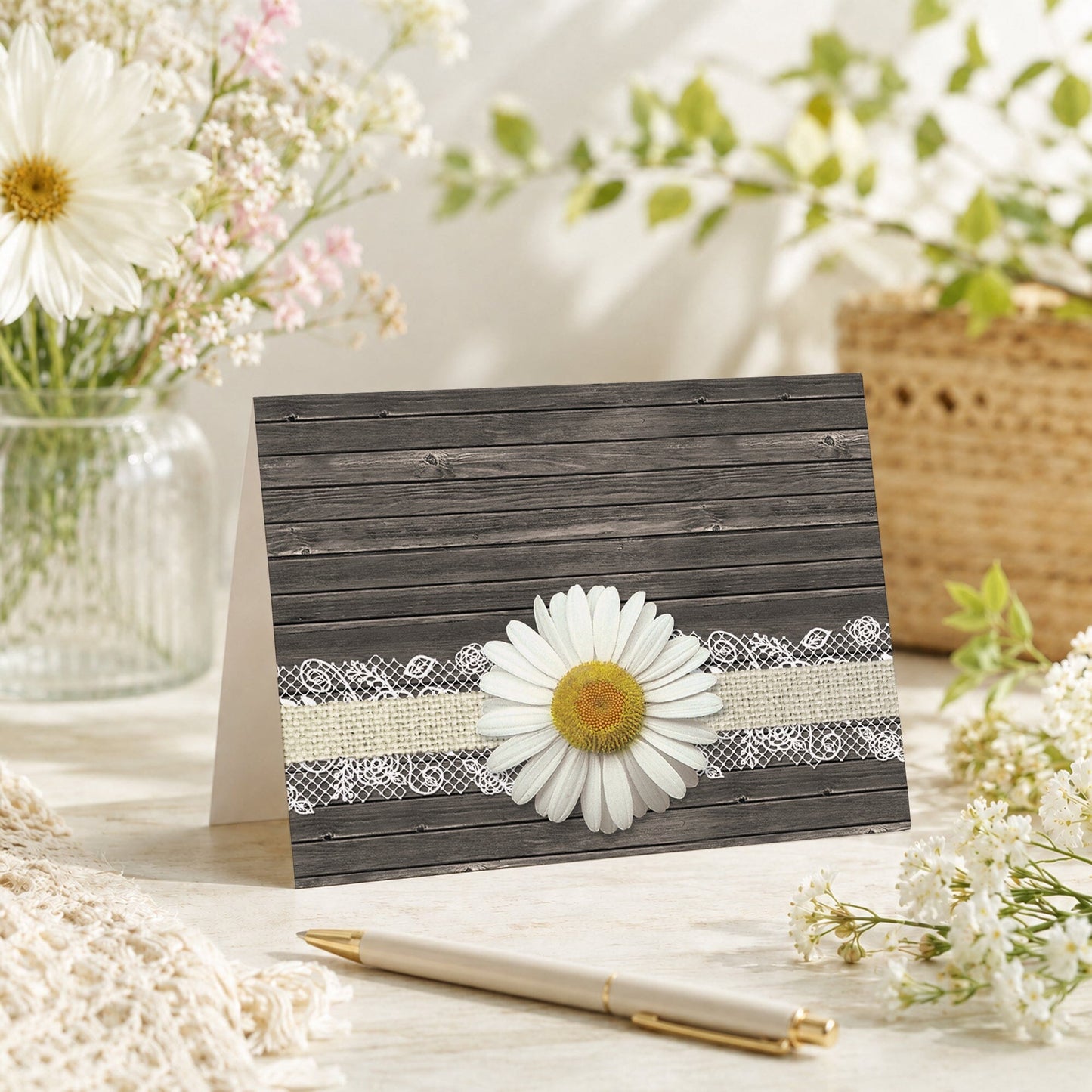 Daisy Burlap and Lace Wood Note Card shown on a tabletop with a vase, spring and summer flowers, and a pen.