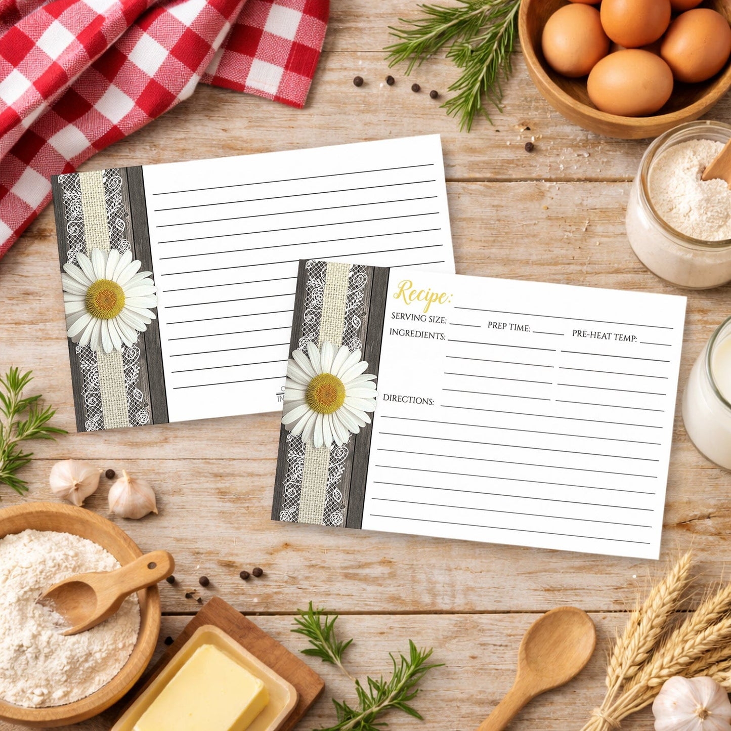 Set of Daisy Burlap and Lace Wood Recipe Cards on a wooden table with cooking ingredients.