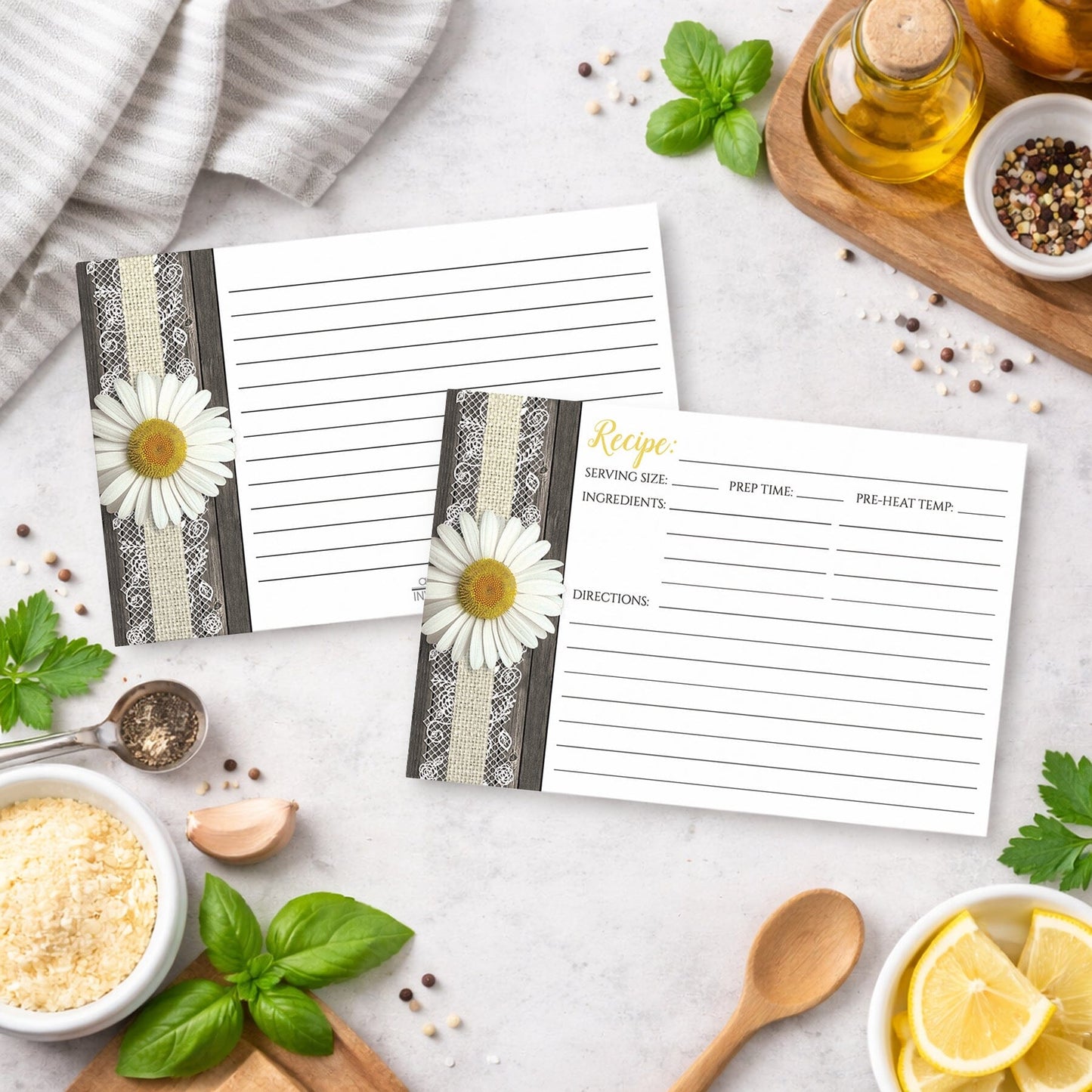 Two Daisy Burlap and Lace Wood Recipe Cards on a kitchen counter with ingredients.