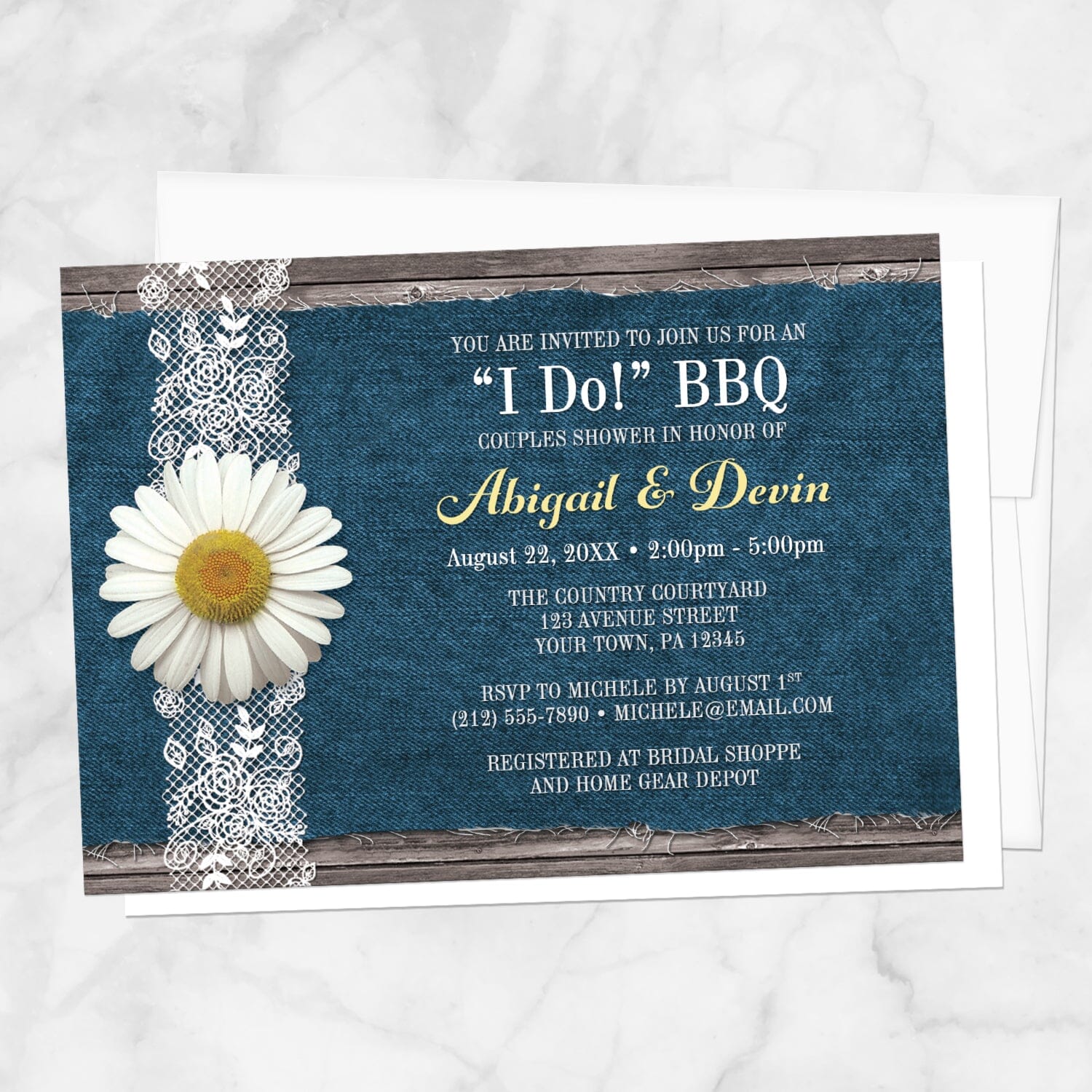 Daisy Denim and Lace I Do BBQ Couples Shower Invitation shown on a marble surface with a white envelope.