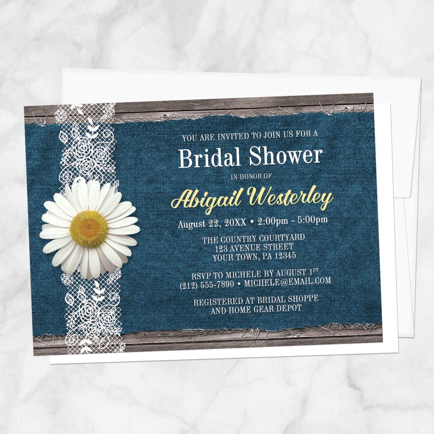 Daisy Denim and Lace Rustic Bridal Shower Invitation shown on a marble surface with a white envelope.