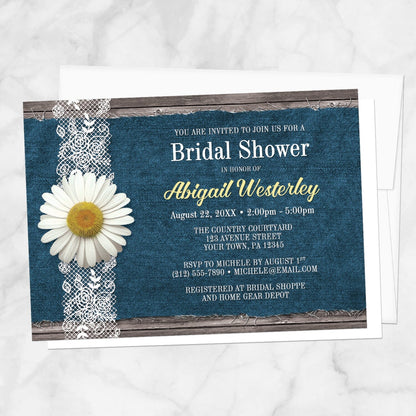 Daisy Denim and Lace Rustic Bridal Shower Invitation shown on a marble surface with a white envelope.