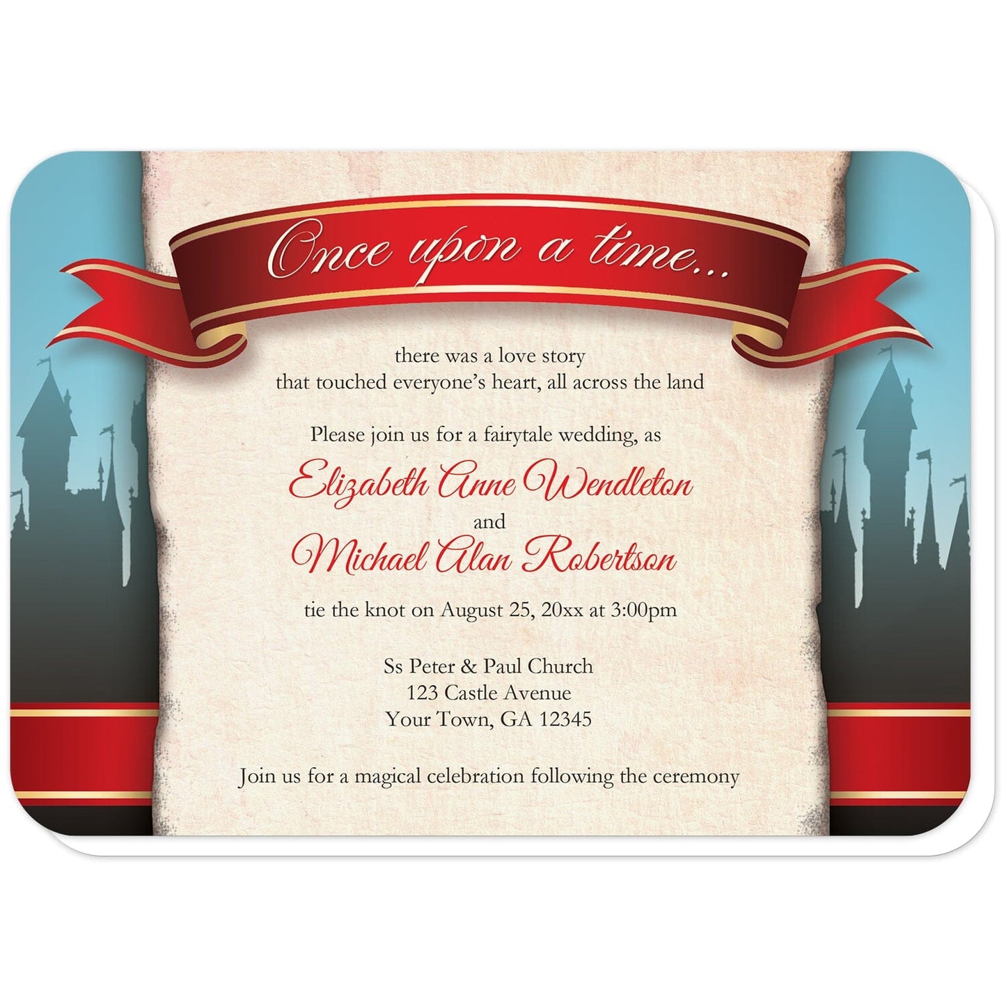 Fairytale Castle Red Once Upon a Time Wedding Invitations (with rounded corners) at Artistically Invited. Fairytale castle red once upon a time wedding invitations with a crimson red and gold banner that reads "Once upon a time...". There are historical tall castles in the distance over a blue to brown gradient on the sides. Your personalized wedding details are custom printed over a tattered old vintage paper illustration down the middle. 