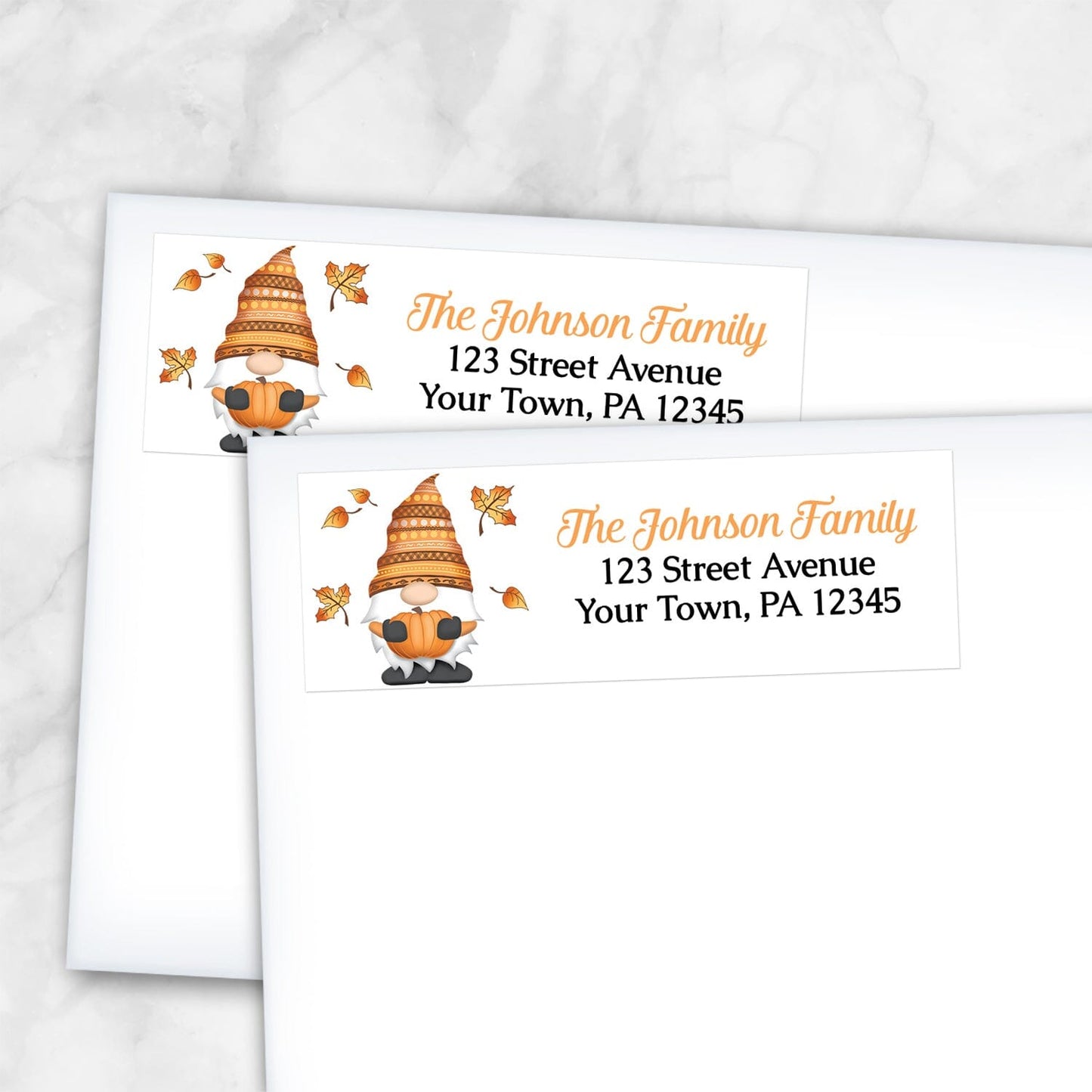 2 Fall Pumpkin Gnome Address Labels shown on white envelopes on a marble surface