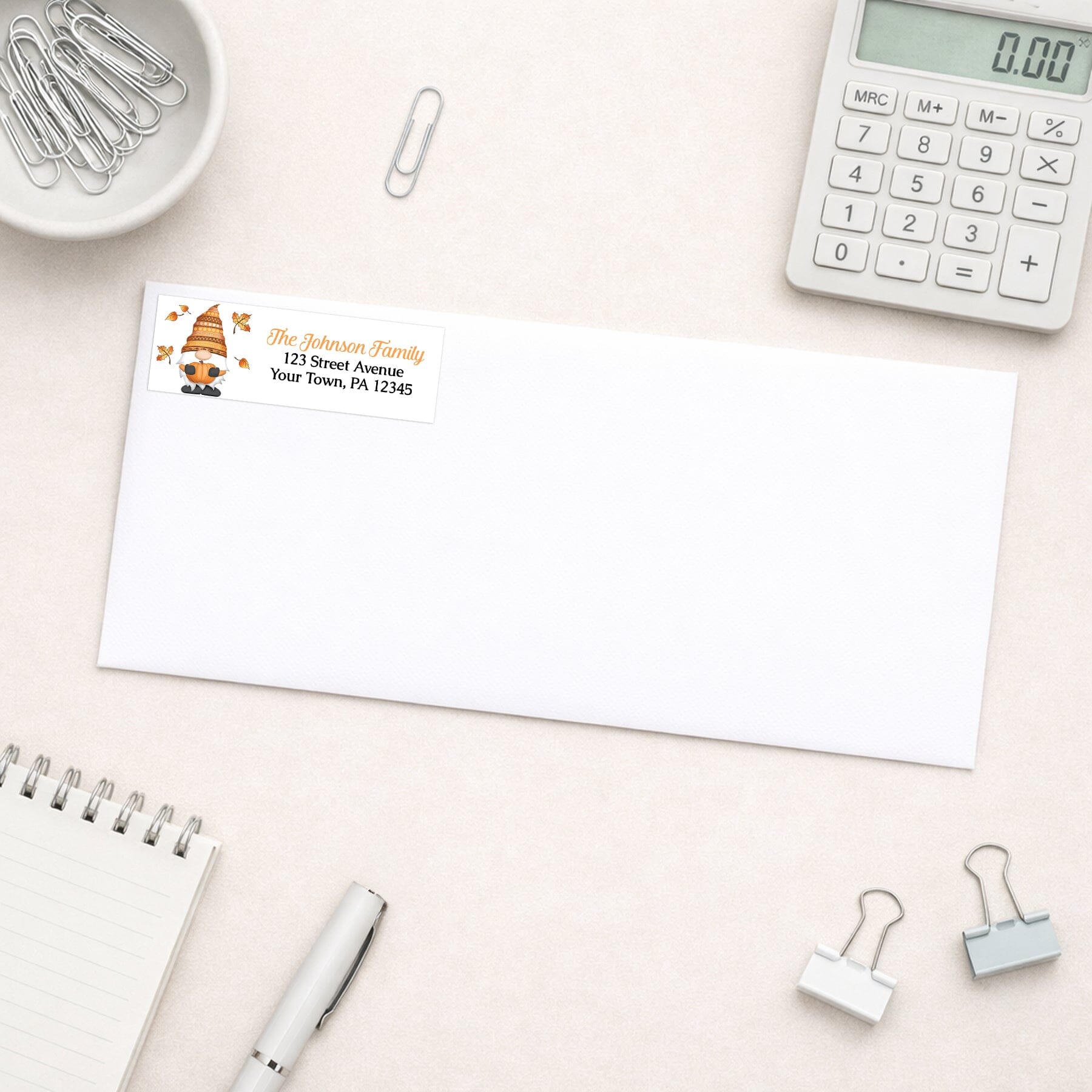 Fall Pumpkin Gnome Address Label shown on a white envelope with office supplies