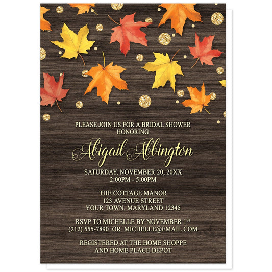 Falling Leaves with Gold Autumn Bridal Shower Invitations at Artistically Invited. Beautiful rustic falling leaves with gold autumn bridal shower invitations with red, orange, and yellow leaves scattered and falling along the top, coupled with gold-colored glitter-illustrated circles, over a dark brown wood background. Your personalized bridal shower celebration details are custom printed in a very light yellow and gold over the wood background.