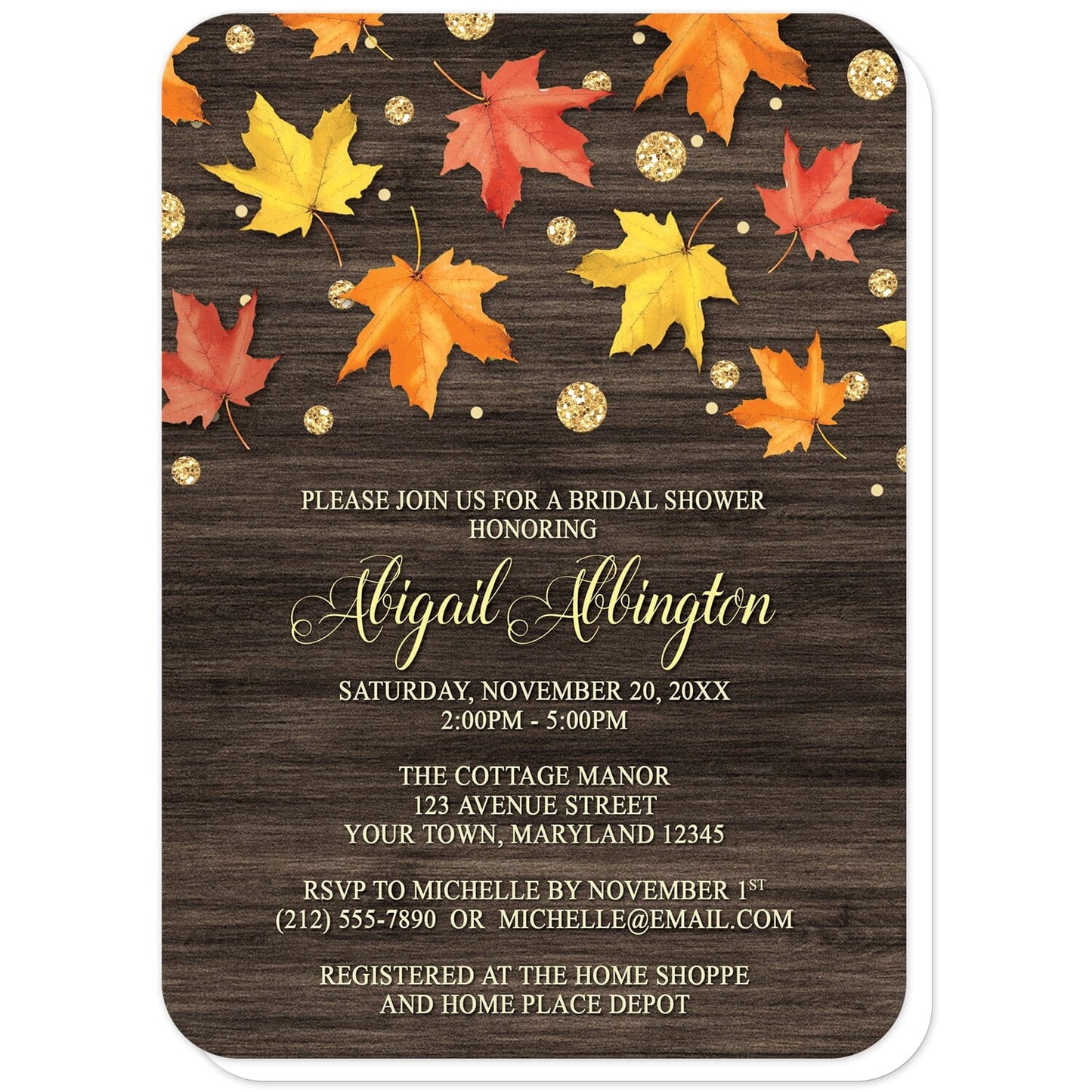 Falling Leaves with Gold Autumn Bridal Shower Invitations (with rounded corners) at Artistically Invited. Beautiful rustic falling leaves with gold autumn bridal shower invitations with red, orange, and yellow leaves scattered and falling along the top, coupled with gold-colored glitter-illustrated circles, over a dark brown wood background. Your personalized bridal shower celebration details are custom printed in a very light yellow and gold over the wood background.