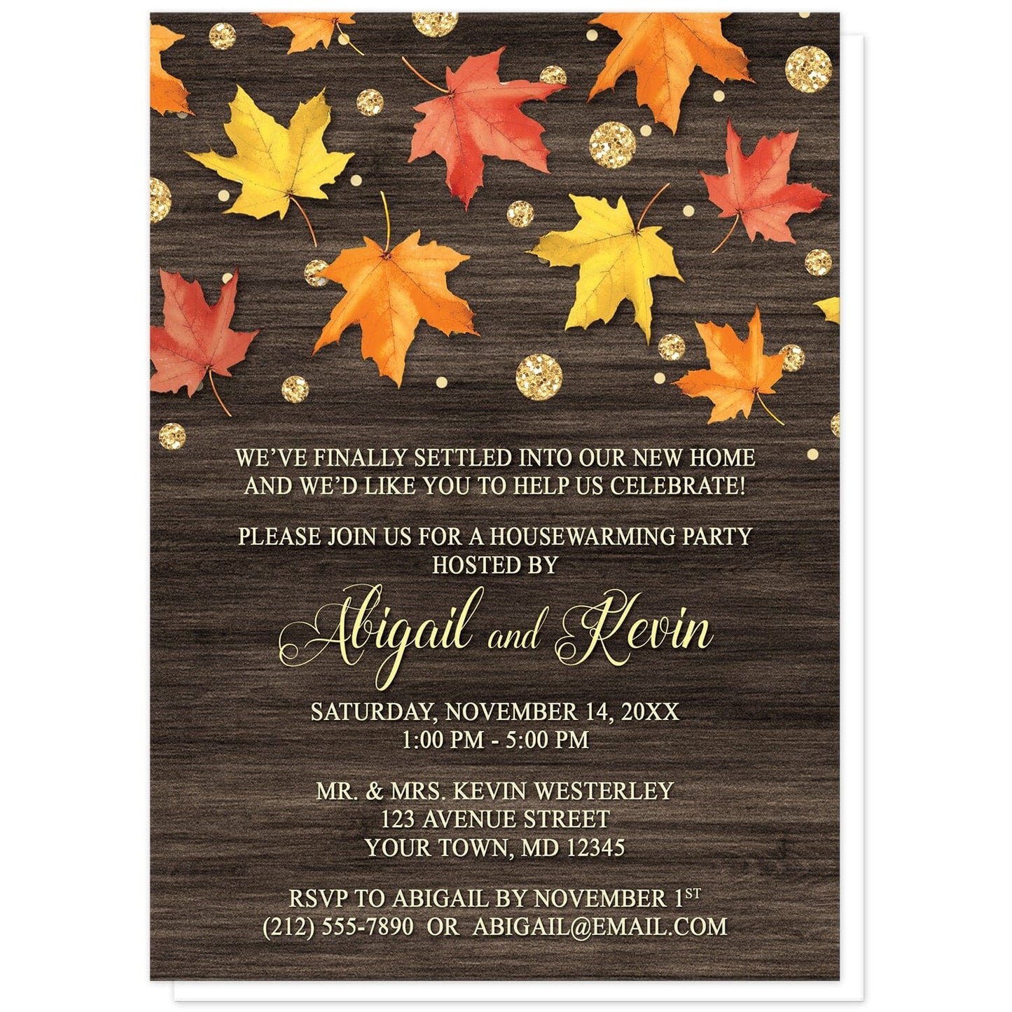 Falling Leaves with Gold Autumn Housewarming Invitations at Artistically Invited. Beautiful rustic falling leaves with gold autumn housewarming invitations with red, orange, and yellow leaves scattered and falling along the top, coupled with gold-colored glitter-illustrated circles, over a dark brown wood background. Your personalized housewarming celebration details are custom printed in yellow and light gold over the wood background below the leaves. 