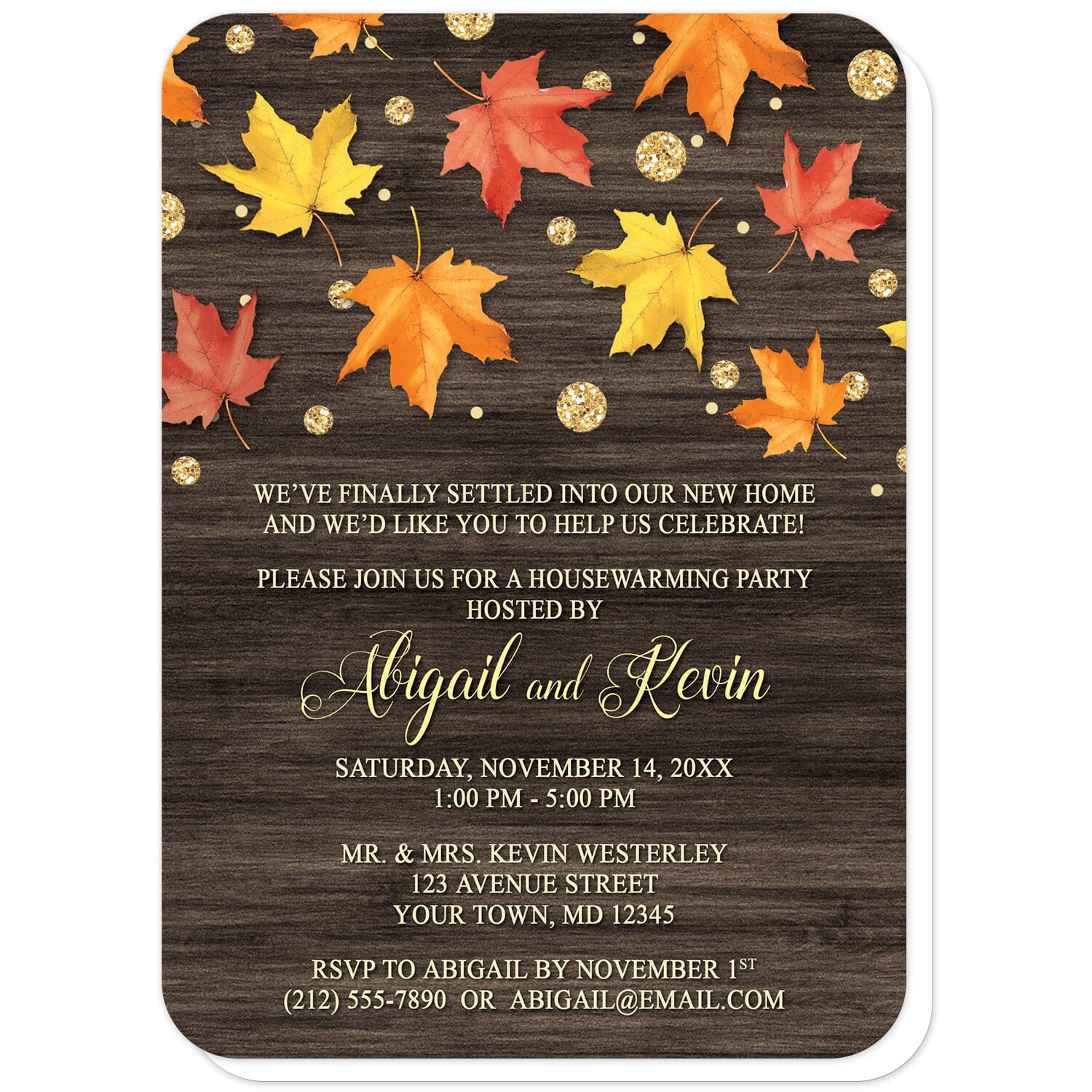 Falling Leaves with Gold Autumn Housewarming Invitations (with rounded corners) at Artistically Invited. Beautiful rustic falling leaves with gold autumn housewarming invitations with red, orange, and yellow leaves scattered and falling along the top, coupled with gold-colored glitter-illustrated circles, over a dark brown wood background. Your personalized housewarming celebration details are custom printed in yellow and light gold over the wood background below the leaves. 