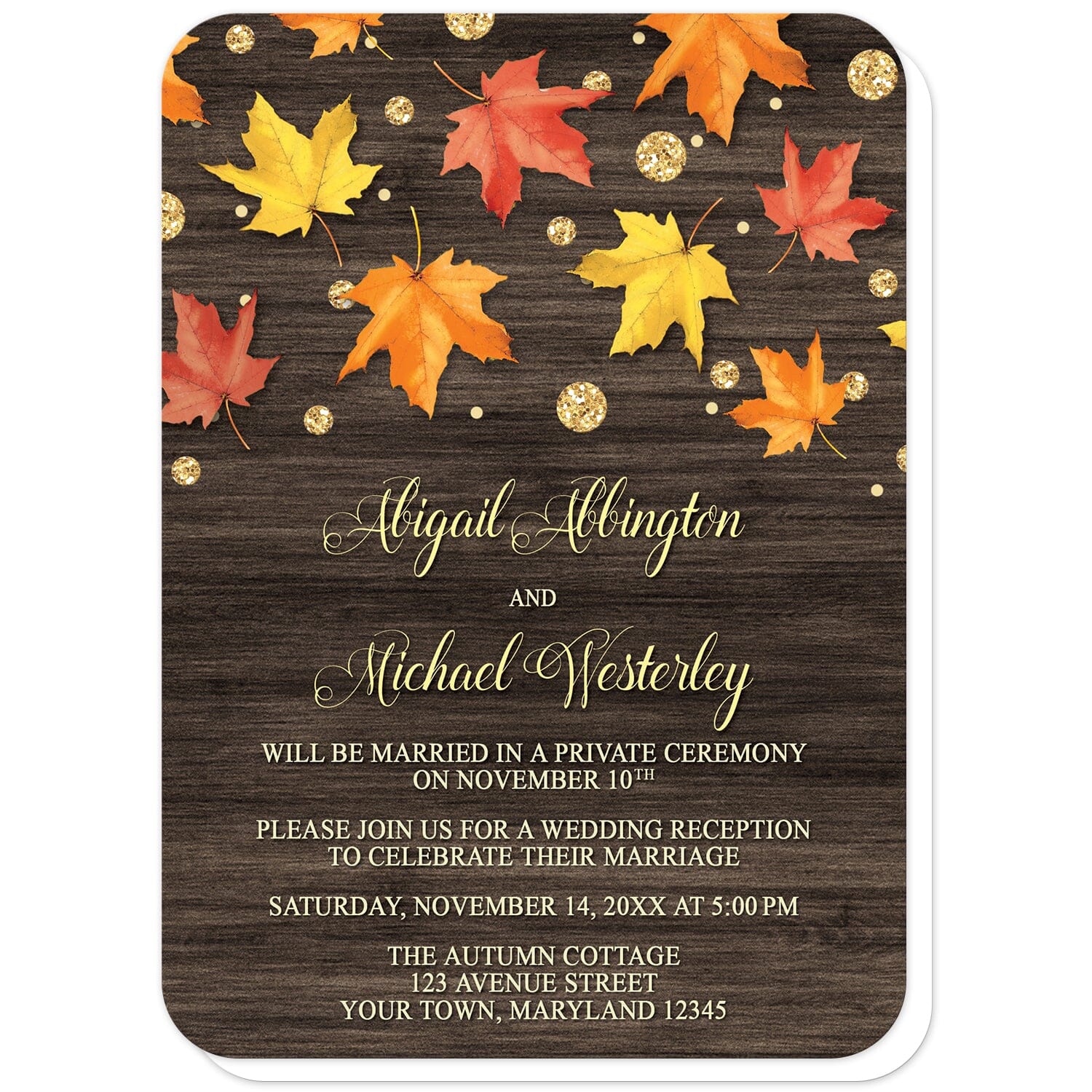 Falling Leaves with Gold Autumn Reception Only Invitations (with rounded corners) at Artistically Invited. Beautiful rustic falling leaves with gold autumn reception only invitations with red, orange, and yellow fall leaves scattered and falling along the top, coupled with gold-colored glitter-illustrated circles, over a dark brown wood background. Your personalized post-wedding reception details are custom printed in very light yellow and gold over the wood background.