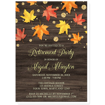 Falling Leaves with Gold Autumn Retirement Invitations at Artistically Invited. Beautiful rustic falling leaves with gold autumn retirement invitations with red, orange, and yellow leaves scattered and falling along the top, coupled with gold-colored glitter-illustrated circles, over a dark brown wood background. Your personalized retirement party details are custom printed in a very light yellow and gold over the wood background.