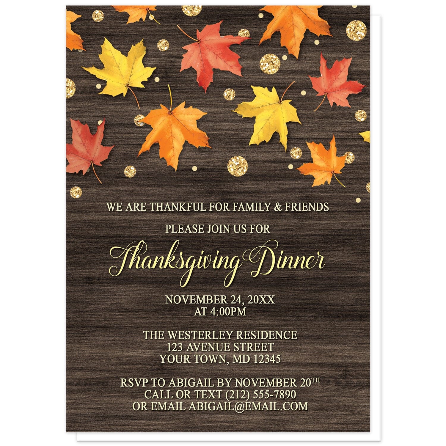 Falling Leaves with Gold Autumn Thanksgiving Invitations at Artistically Invited. Beautiful rustic falling leaves with gold autumn Thanksgiving invitations with red, orange, and yellow leaves scattered and falling along the top, coupled with gold-colored glitter-illustrated circles, over a dark brown wood background. Your personalized Thanksgiving dinner details are custom printed in yellow and a light gold color over the wood background below the pretty leaves.