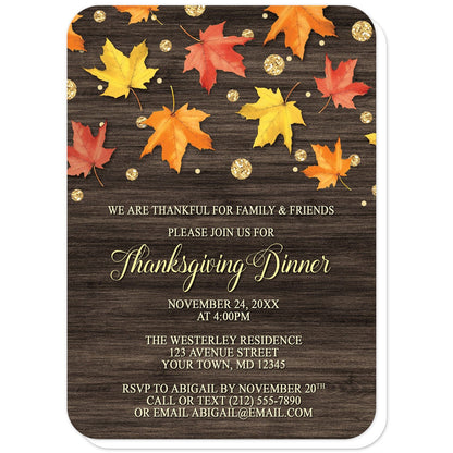 Falling Leaves with Gold Autumn Thanksgiving Invitations (with rounded corners) at Artistically Invited. Beautiful rustic falling leaves with gold autumn Thanksgiving invitations with red, orange, and yellow leaves scattered and falling along the top, coupled with gold-colored glitter-illustrated circles, over a dark brown wood background. Your personalized Thanksgiving dinner details are custom printed in yellow and a light gold color over the wood background below the pretty leaves.