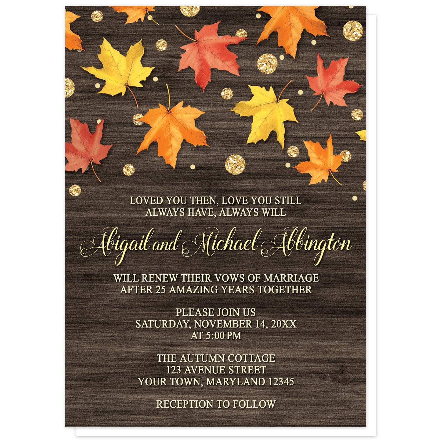 Falling Leaves with Gold Autumn Vow Renewal Invitations at Artistically Invited. Beautiful rustic falling leaves with gold autumn vow renewal invitations with red, orange, and yellow fall leaves scattered and falling along the top, coupled with gold-colored glitter-illustrated circles, over a dark brown wood background. Your personalized vow renewal celebration details are custom printed in very light yellow and gold over the wood background.