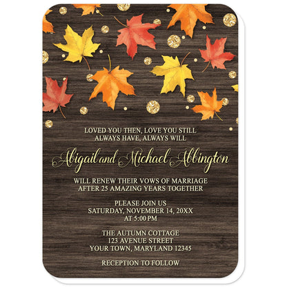 Falling Leaves with Gold Autumn Vow Renewal Invitations (with rounded corners) at Artistically Invited. Beautiful rustic falling leaves with gold autumn vow renewal invitations with red, orange, and yellow fall leaves scattered and falling along the top, coupled with gold-colored glitter-illustrated circles, over a dark brown wood background. Your personalized vow renewal celebration details are custom printed in very light yellow and gold over the wood background.