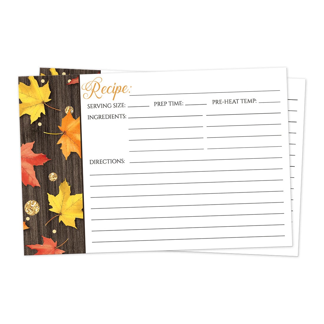 Front side of the Falling Leaves with Gold Autumn Recipe Cards