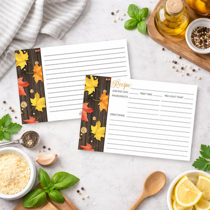 Set of Falling Leaves with Gold Autumn Recipe Cards on an everyday kitchen counter with ingredients.