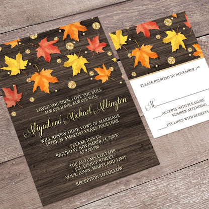 Falling Leaves with Gold Autumn Vow Renewal Invitation shown at an angle on a brown wooden surface with the matching RSVP card.