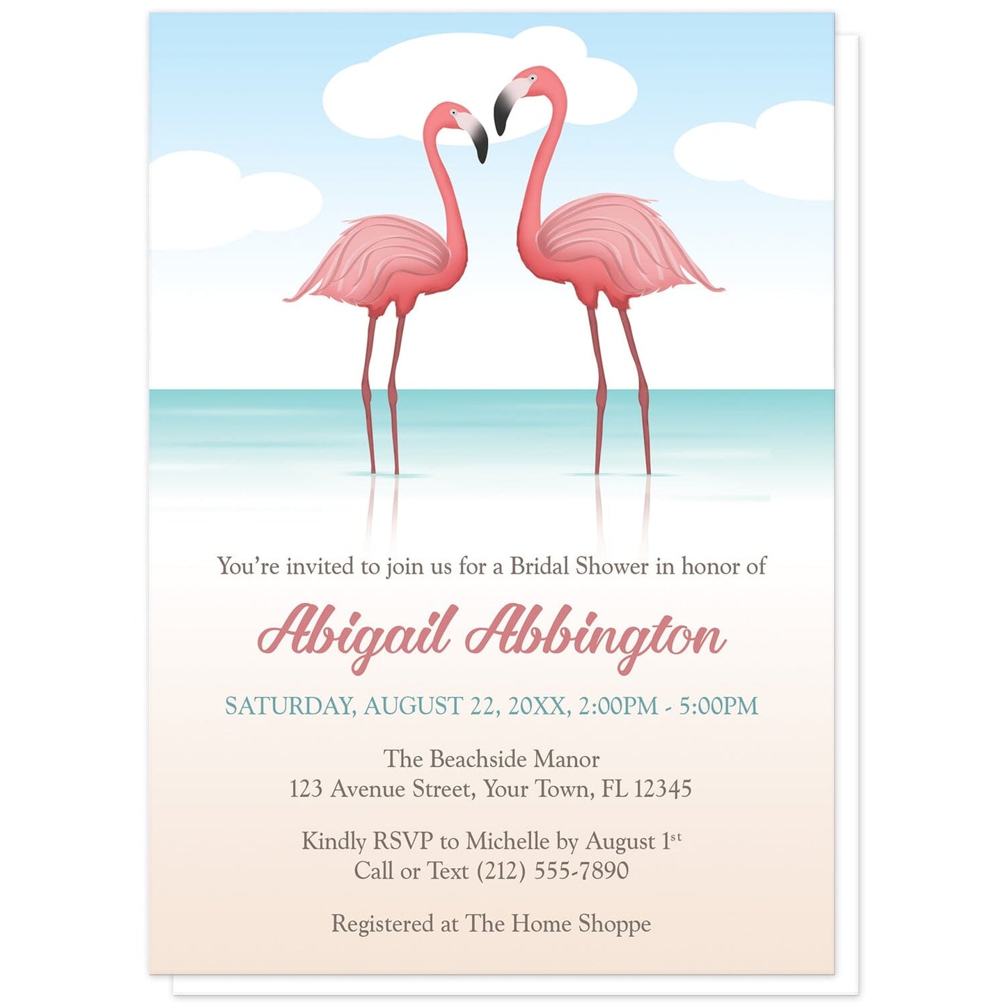 Flamingos in the Water Bridal Shower Invitations at Artistically Invited. Flamingos in the water bridal shower invitations with a tropical illustration of two pink flamingos standing in the water. Your personalized bridal shower celebration details are custom printed in pink, teal, and brown over the beach background design below the flamingos.