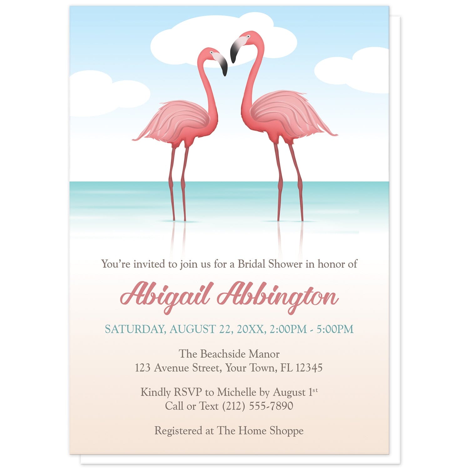 Flamingos in the Water Bridal Shower Invitations at Artistically Invited. Flamingos in the water bridal shower invitations with a tropical illustration of two pink flamingos standing in the water. Your personalized bridal shower celebration details are custom printed in pink, teal, and brown over the beach background design below the flamingos.