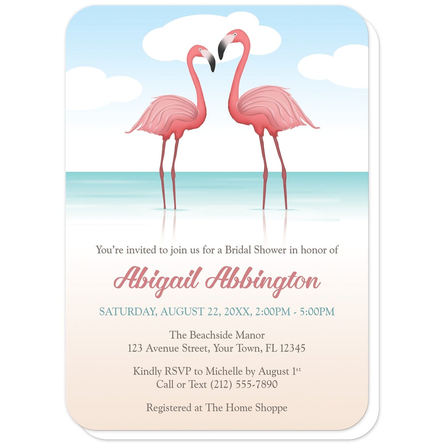 Flamingos in the Water Bridal Shower Invitations (with rounded corners) at Artistically Invited. Flamingos in the water bridal shower invitations with a tropical illustration of two pink flamingos standing in the water. Your personalized bridal shower celebration details are custom printed in pink, teal, and brown over the beach background design below the flamingos.