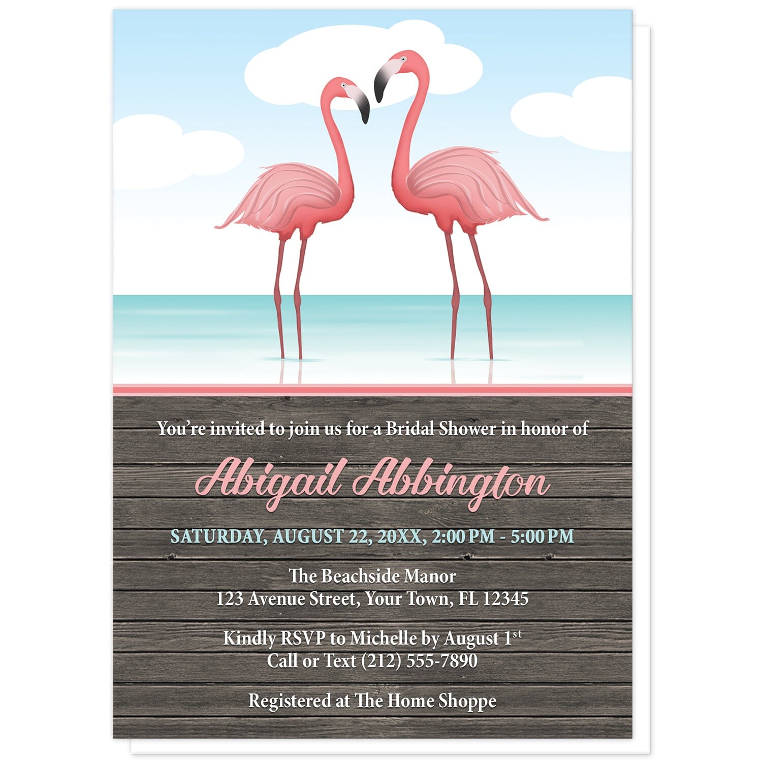 Flamingos in the Water Rustic Bridal Shower Invitations at Artistically Invited. Flamingos in the water rustic bridal shower invitations with a tropical illustration of two pink flamingos standing in the water. Your personalized bridal shower celebration details are custom printed in pink, teal, and white over a brown rustic wood background design below the flamingos.