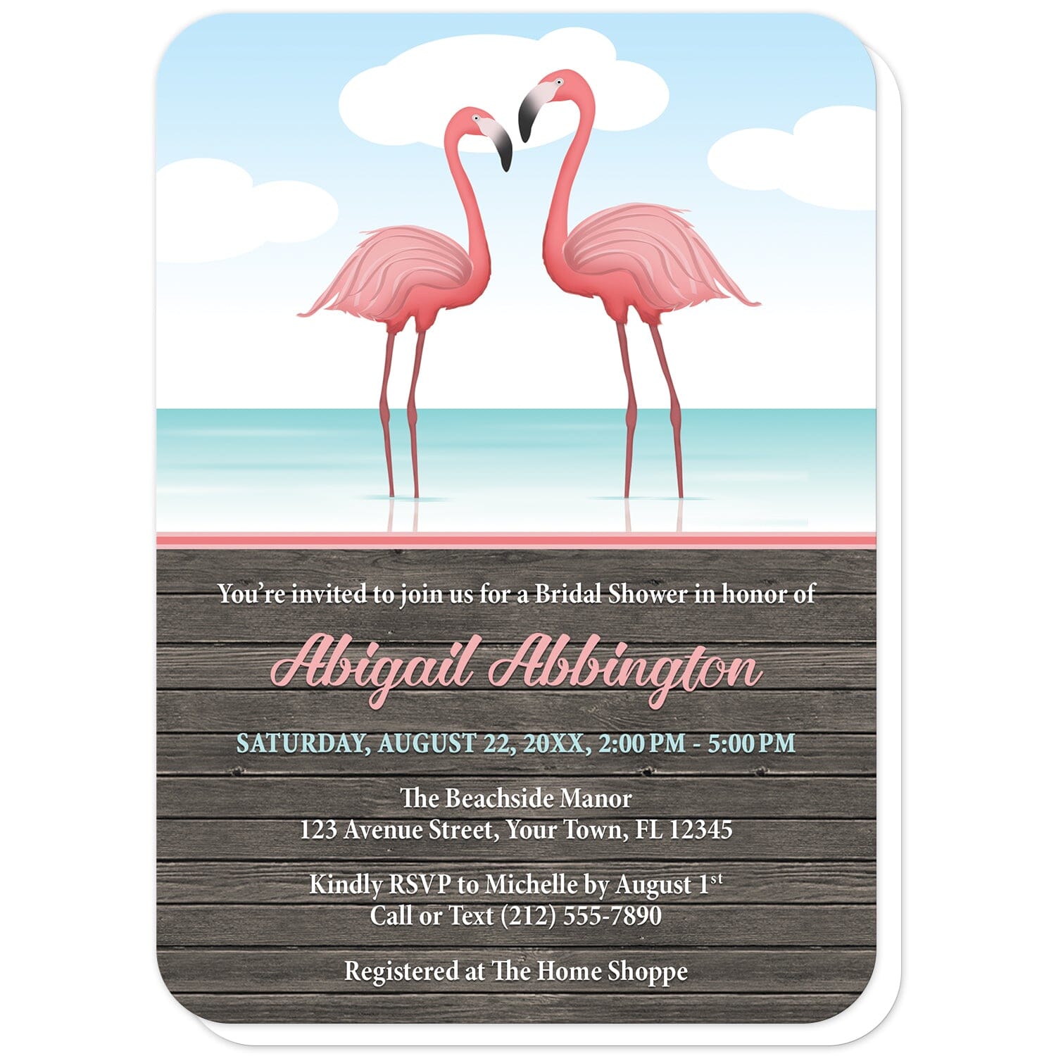 Flamingos in the Water Rustic Bridal Shower Invitations (with rounded corners) at Artistically Invited. Flamingos in the water rustic bridal shower invitations with a tropical illustration of two pink flamingos standing in the water. Your personalized bridal shower celebration details are custom printed in pink, teal, and white over a brown rustic wood background design below the flamingos.