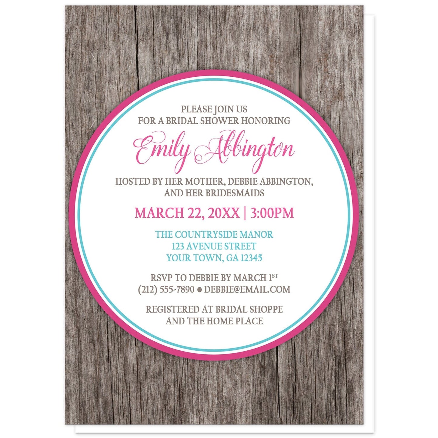 Fuchsia Turquoise Rustic Wood Bridal Shower Invitations at Artistically Invited. Fuchsia turquoise rustic wood bridal shower invitations with your personalized celebration details custom printed in fuchsia pink, turquoise, and brown inside a white circle outlined in pink and turquoise, over a rustic wood texture background.