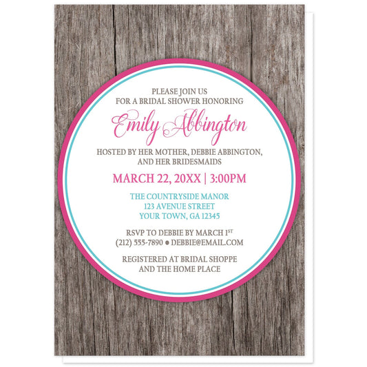 Fuchsia Turquoise Rustic Wood Bridal Shower Invitations at Artistically Invited. Fuchsia turquoise rustic wood bridal shower invitations with your personalized celebration details custom printed in fuchsia pink, turquoise, and brown inside a white circle outlined in pink and turquoise, over a rustic wood texture background.